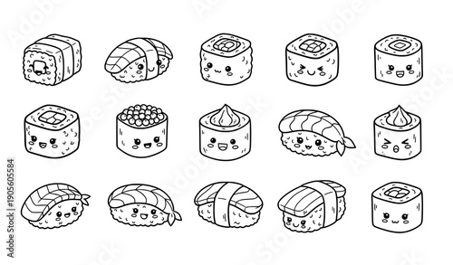 Kawaii Sushi Food Doodle Icon Set Japanese Hand Drawn Vector