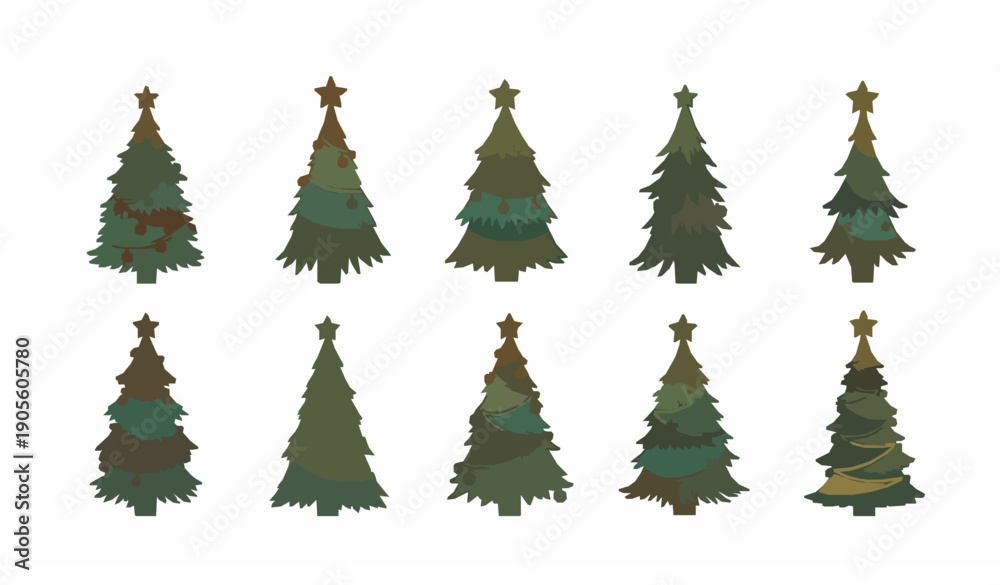 Fototapeta premium Decorated Christmas Tree Doodle Set Red Orange Baubles Star Vector