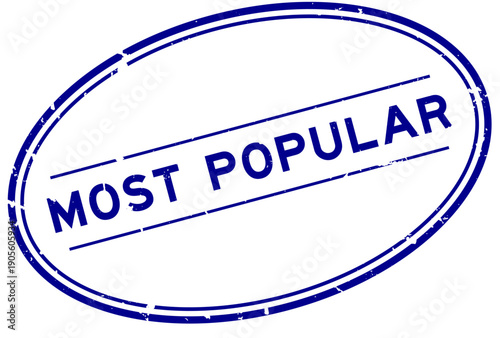 Grunge blue most popular word oval rubber seal stamp on white background