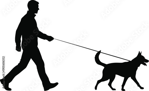 Man walking dog on leash outdoors in silhouette illustration