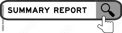 Search banner in word summary report with hand over magnifier icon on white background