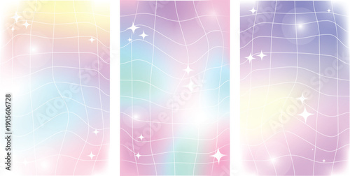 y2k wallpaper Iridescent gradient Mesh gradient background, Groovy retro checkered wavy background 90s 2000s with stars.