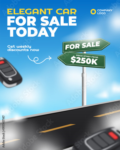 Black car on the road with keys and clouds for car sale social media post template