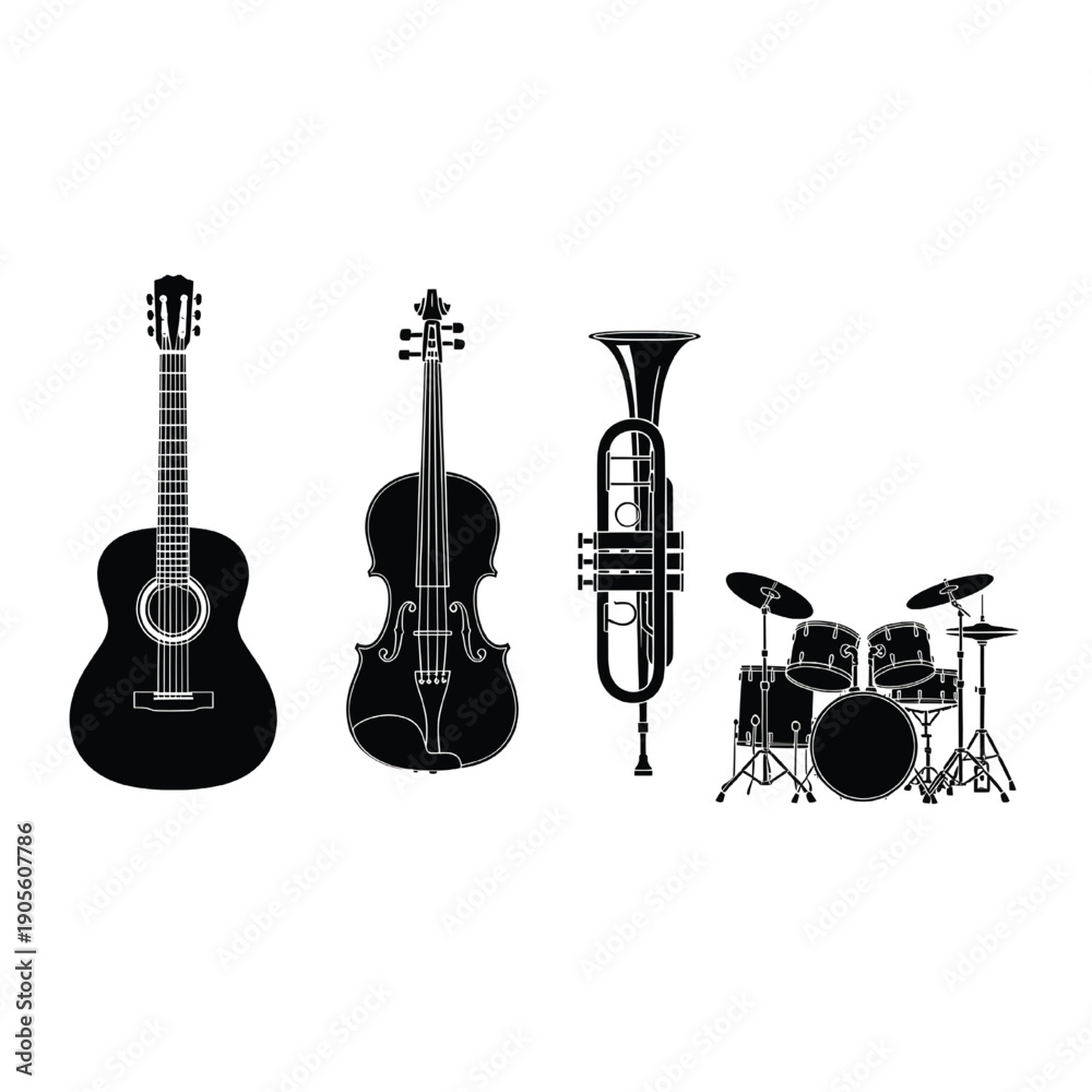 Fototapeta premium Assorted musical instruments including guitar, violin, tuba and drums displayed together in a collection