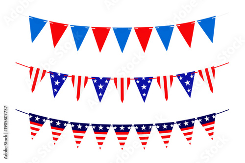 Pennant banner flags with USA flag blue, red, white color print patriotic design. US American stars and stripes style triangle bunting string garland. Isolated vector illustration