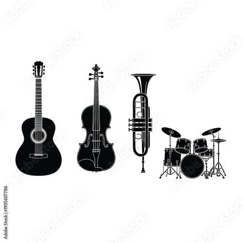 Assorted musical instruments including guitar, violin, tuba and drums displayed together in a collection