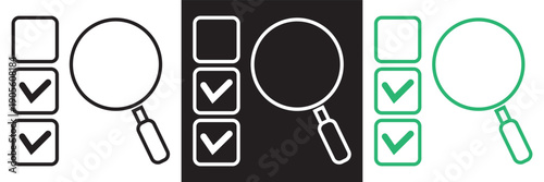 Search verification icons and web audit symbols. Minimal vector illustrations search, checklist, and verification concepts for web analysis, SEO review, quality control, and digital approval EPS10/AI.