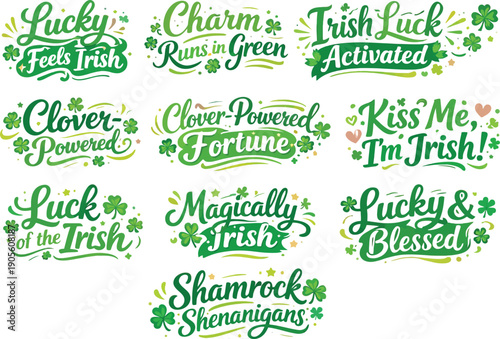 Collection of st patricks day themed typography quotes and sayings in green