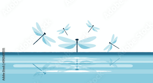 Group of Dragonflies Flying Over Water Surface.