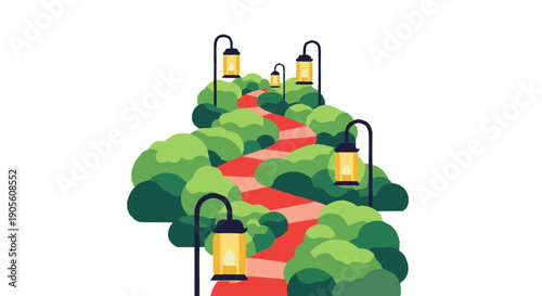 Winding Red Path with Lanterns and Greenery.