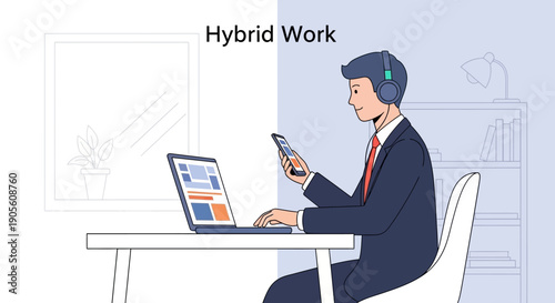 Man working remotely on laptop and mobile phone in office.