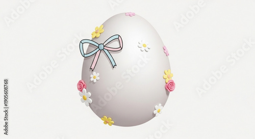 White Easter Egg with Floral Decoration and Bow Isolated on White Background