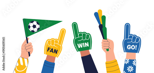 Colorful Foam Hand Vector Design, Fans Cheering With Flags And Trumpet, Supporting Team During Championship, Number One Gesture, And Best Victory Celebration Concept.