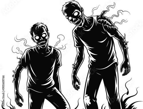 Black and white vector illustration of two creepy zombies with glowing eyes and smoke rising from their decaying undead bodies.