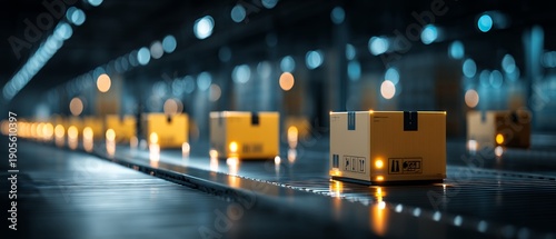 cardboard boxes moving on conveyor belt in warehouse