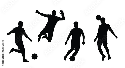 Silhouetted football players in dynamic poses, kicking and heading the ball, against a plain background.