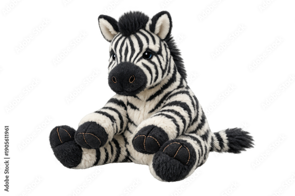 Naklejka premium Stuffed zebra toy sitting on a transparent background, representing childhood memories and comfort product concept
