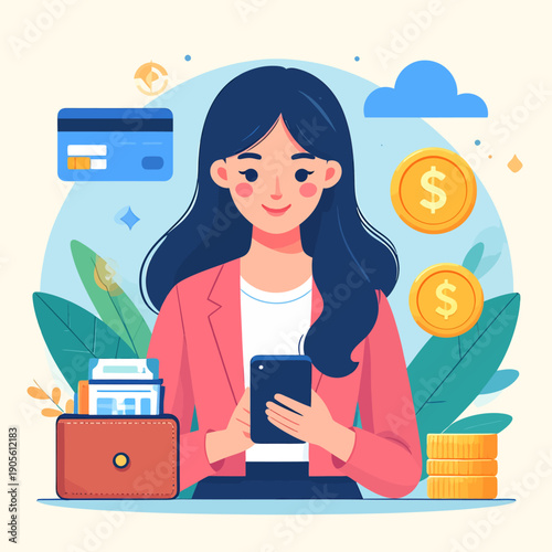 Woman uses smartphone for personal finance management with money and cards nearby