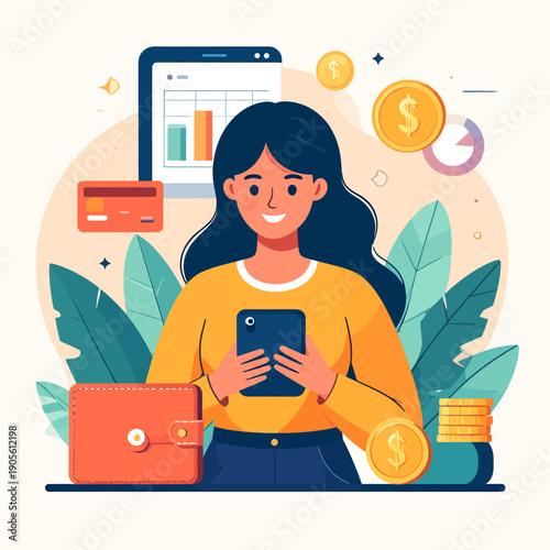 Woman manages personal finance with smartphone and digital tools at home.