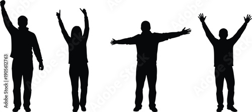 Four silhouetted figures with raised arms in various poses