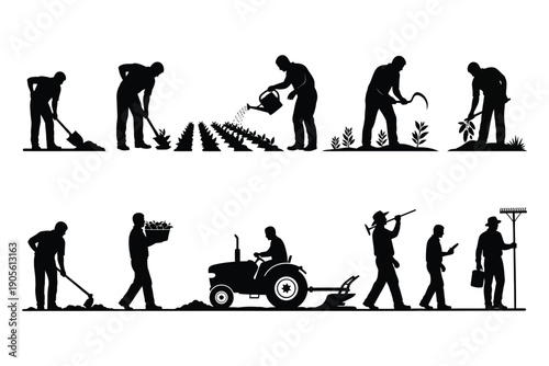 Silhouette illustrations of people engaged in various gardening and landscaping activities