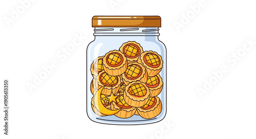 Illustration of a glass jar brimming with delicious golden egg tarts, a sweet dessert treat