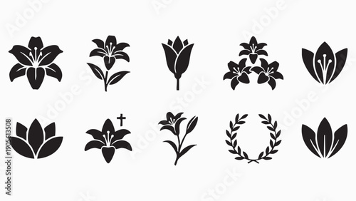 Set of funeral lily icons and memorial symbols for obituary design black silhouettes on white background