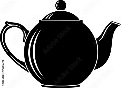 Teapot silhouette with handle and spout for hot beverage drink and kitchen utensil design – Black and White Vector Illustration