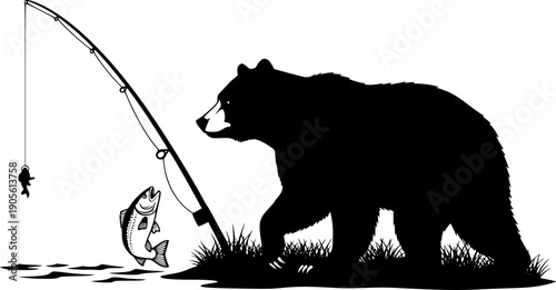 Bear fishing silhouette with rod and fish for wildlife nature and outdoor river hunt activity – Black and White Vector Illustration