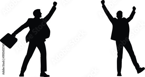 Black silhouette of successful businessmen celebrating with arms raised, holding briefcase and expressing victory, joy, and professional achievement in corporate career. (20 words)