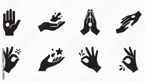 Set of human hands in various gestures, depicting holding, praying, and expressive communication