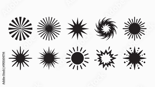 Collection of black sunburst, starburst, and explosion icons, representing light, energy, and impact