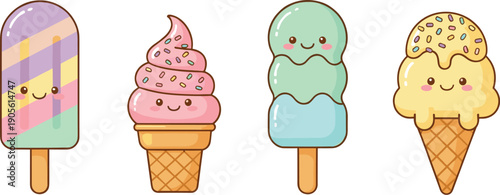 Bild auf Leinwand Cute kawaii ice cream and popsicle characters collection with smiling faces flat