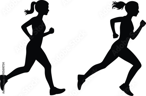 Black silhouette of two young women running and jogging, female athletes exercising for fitness, health, and active lifestyle outdoors, isolated. (20 words)