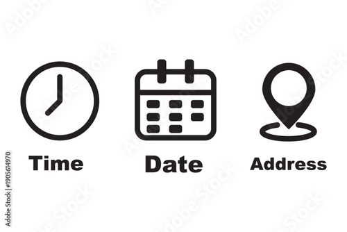 time location calendar icon set. Address, notification bell. clock sign. location pin signs. Calendar icon symbol. Location place, date reminder. Vector