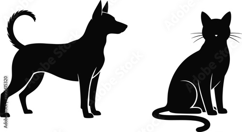 Black silhouettes of a domestic dog and cat standing and sitting, pet companionship and animal friendship isolated on white background,