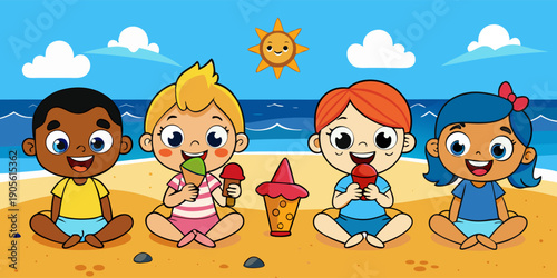 Cool kids in sunglasses with ice cream and juice sitting on the sea beach. Vector stickers. Summer background with sea, sky, clouds, starfish and sailboat on the sea waves.