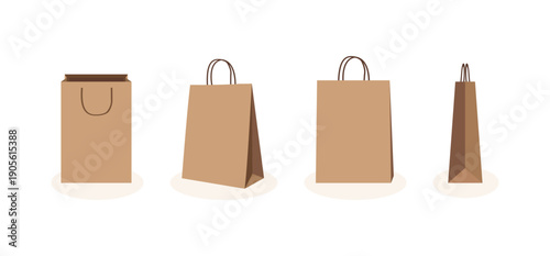 Shopping bag mockups with craft paper packaging isolated on white background. Set of brown craft paper shopping bags shown from different angles illustrated in clean realistic retail package