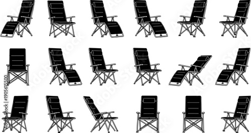Vector silhouette collection of folding camping chairs and reclining deck chairs shown from multiple angles isolated on white background