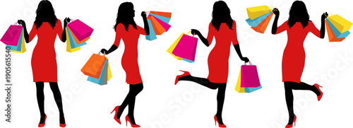 Fashionable woman in red dress with shopping bags silhouettes, retail therapy and consumerism concept, seasonal sale and boutique store promotion vector illustration.