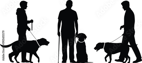 Black silhouettes of blind people walking with guide dogs and service animals, disabled person with assistance dog isolated on white,