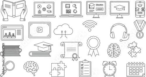 Online Education and E Learning Line Icon Vector Set with Digital Courses, Graduation, Study Tools, Technology, and Academic Symbols for Websites, Apps, Dashboards, and Infographic Designs