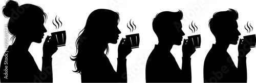 Silhouette vector set of men and women drinking hot coffee or tea from mugs with steam rising, featuring profiles of people enjoying a warm beverage.