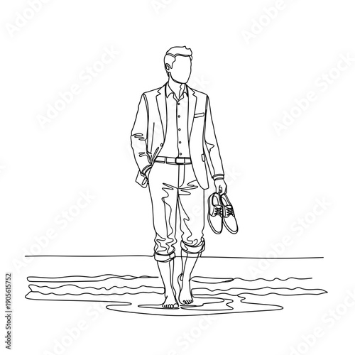 Man walking on the beach while holding shoes in summer  