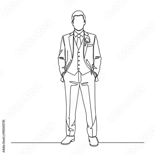 Continuous line drawing of man in suit standing confidently  