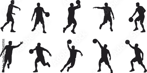 Large collection of black silhouettes featuring basketball players in action, business professionals talking, waitresses serving drinks, and baseball player hitting. (20 words)