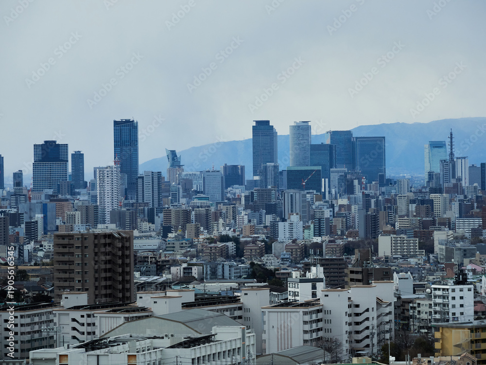 Fototapeta premium 高所から見た冬の名古屋市の都市景観のパノラマの全景風景
