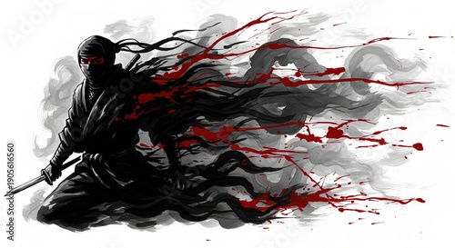 Epic depiction of a silent warrior's deadly swiftness amidst a crimson explosion of power and movement
