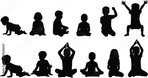 Silhouette of children in playful poses, crawling, sitting, jumping, yoga posture illustration, developmental movement scene, childhood lifestyle design