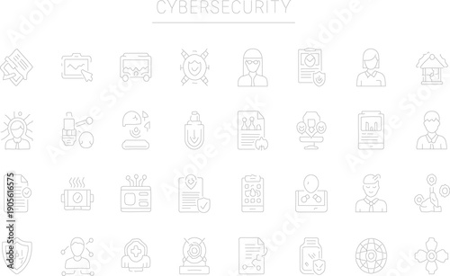 Cybersecurity vector line icons set. Data protection, network security, internet privacy, digital safety, firewall, antivirus, secure access, encryption, cybercrime prevention